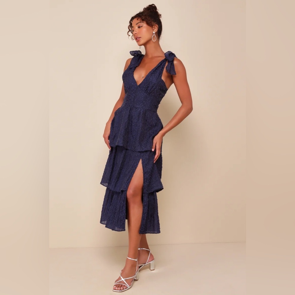 Lulu’s Blissful Direction Navy Tie-Strap Clip Dot Bustier Midi Dress- Size XL